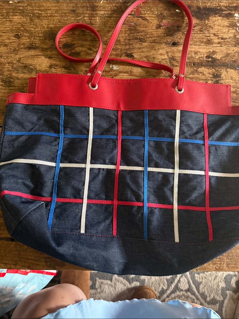 Navy Plaid Tote Bag with Red Trim
